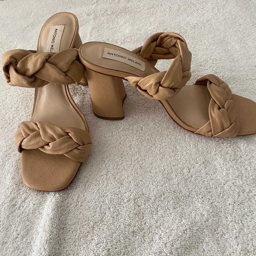 NEW ANTONIO MELANI Camel Braided Block Heeled Sandals SZ8